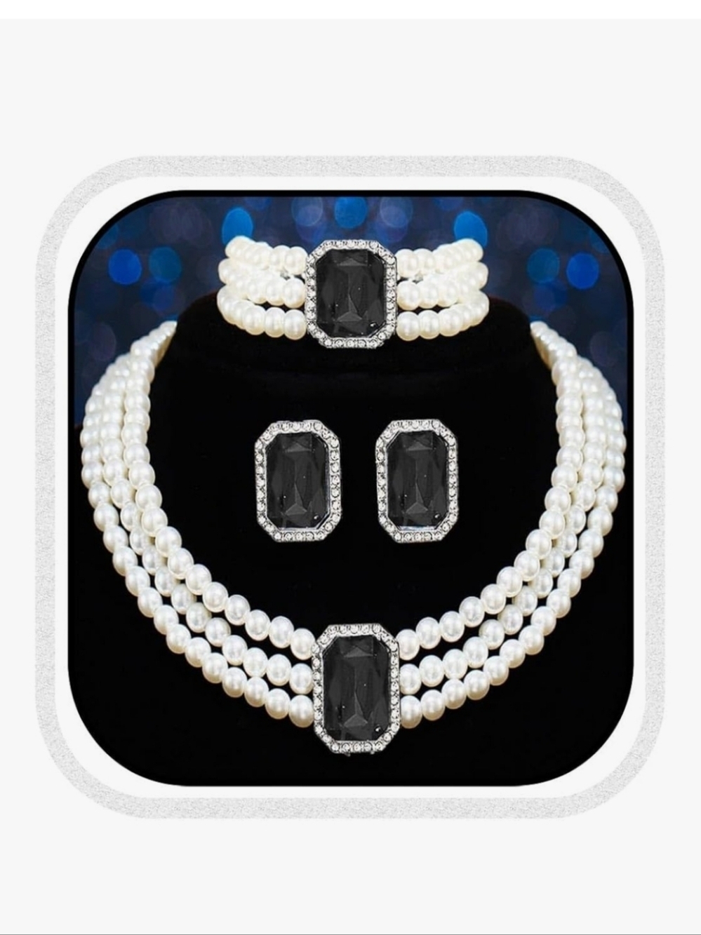 Elegant White FAUX Pearl Jewelry Set with Black Gem Accents